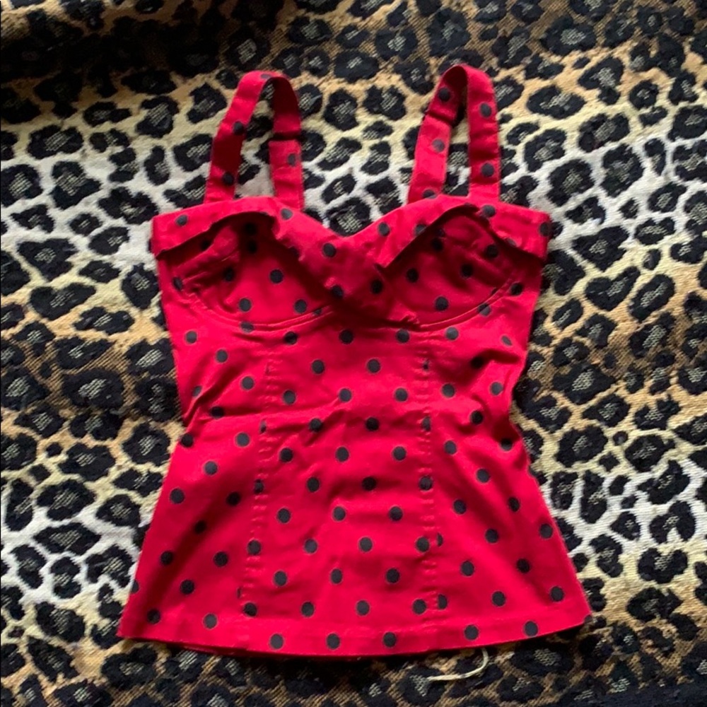 Deadly Dames Vamp Top XS red black polka dot EUC